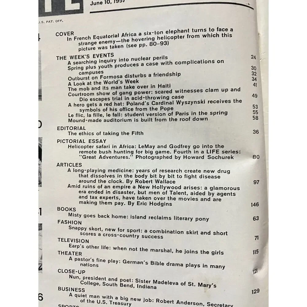 LIFE Magazine June 10 1957 Arthur Godfrey Helicopter Safari Africa Wild Elephant